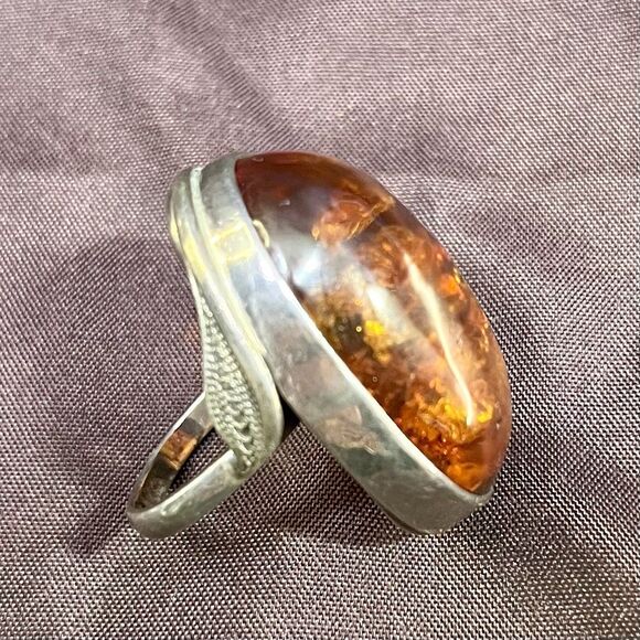 Vintage Large 925 Sterling Silver & Amber Ring Size 7.25 - Picture 8 of 12